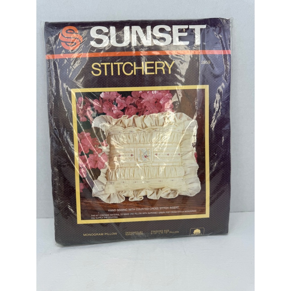Vintage‎ Sunset Stitchery Monogram Pillow Kit 2859 Nancy Rossi Cross Stitch